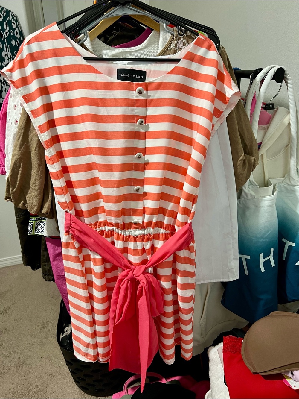 Young Threads Coral & White Striped Dress with Pink Sash